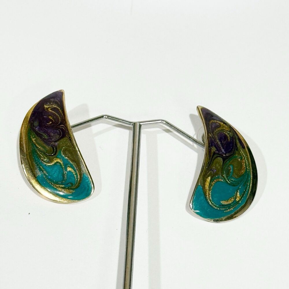 Vintage Enamel Teardrop Earrings Gold Tone Purple Green Blue Abstract Art - Picture 16 of 16